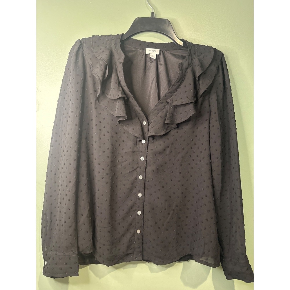 J.Crew Re-Imagined Black Clip Dot Ruffle V-Neck Blouse Long Sleeve Small